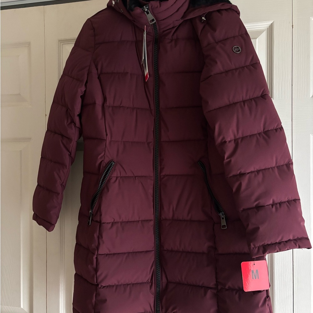 NWT Andrew Marc Women’s Burgundy Puffer Coat with Hood, Medium